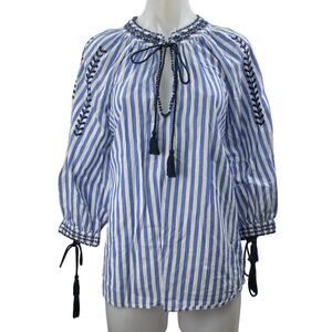 Zara Blue White Striped Embroidered Tie Neck Tassels Long Sleeve Blouse Top Sz M